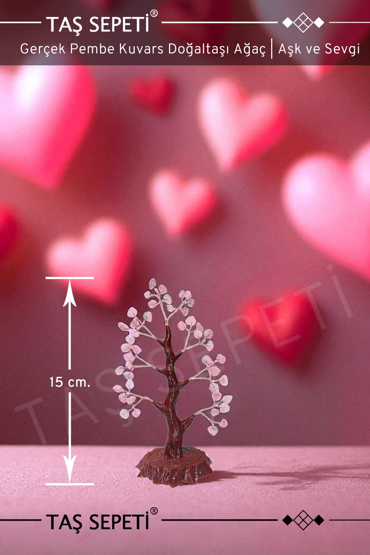 Gerçek Pembe Kuvars Doğal Taşı Ağaç Aşk ve Sevgi Çekici Mutluluk Ağacı 15 Cm