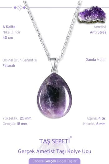 Gerçek Ametist Doğal Taşı Damla Model Zincirli Kolye Ucu