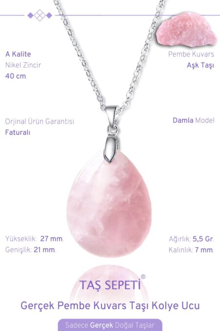 Gerçek Pembe Kuvars Doğal Taşı Damla Model Zincirli Kolye Ucu