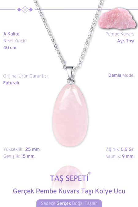Gerçek Pembe Kuvars Doğal Taşı Dar Damla Model Zincirli Kolye Ucu