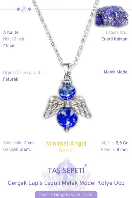 Gerçek Lapis Lazuli Doğal Taşı Minimal Melek Model A Kalite Zincirli Kolye Ucu