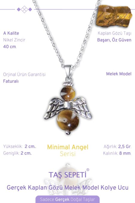 Gerçek Kaplan Gözü Doğal Taşı Minimal Melek Model A Kalite Zincirli Kolye Ucu