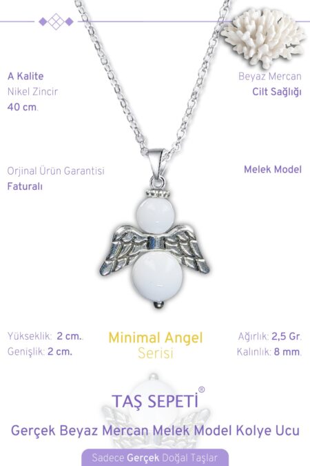 Gerçek Beyaz Mercan Doğal Taşı Minimal Melek Model A Kalite Zincirli Kolye Ucu