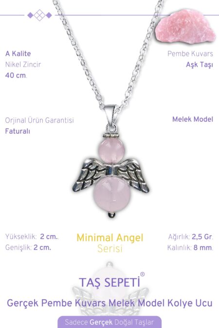 Gerçek Pembe Kuvars Doğal Taşı Minimal Melek Model A Kalite Zincirli Kolye Ucu