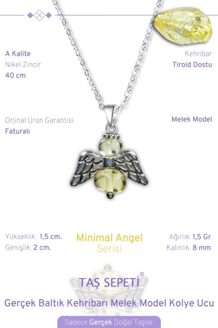 Gerçek Kehribar Doğal Taşı Minimal Melek Model A Kalite Zincirli Kolye Ucu
