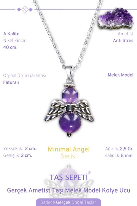 Gerçek Ametist Doğal Taşı Minimal Melek Model A Kalite Zincirli Kolye Ucu