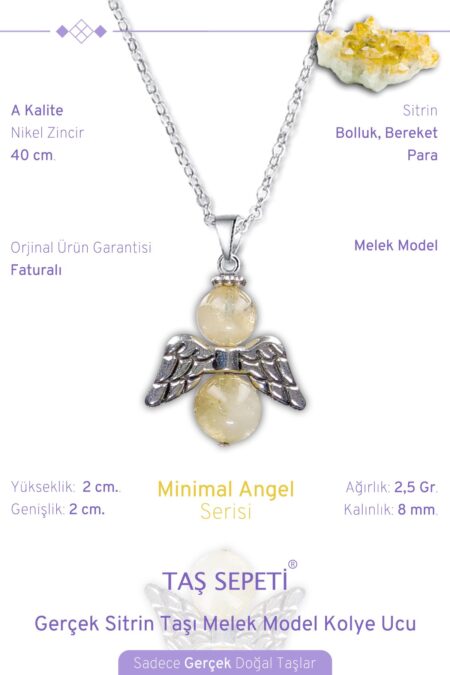 Gerçek Sitrin Doğal Taşı Minimal Melek Model A Kalite Zincirli Kolye Ucu