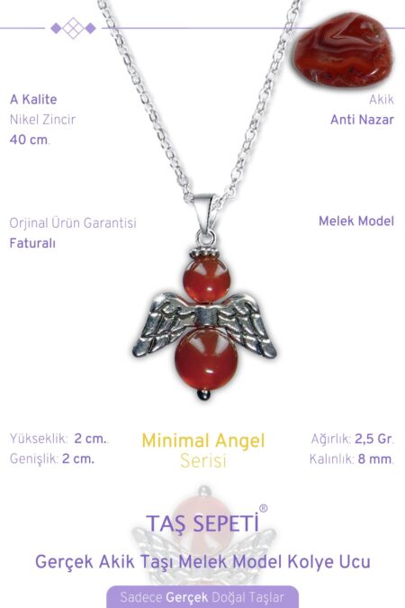 Gerçek Akik Doğal Taşı Minimal Melek Model A Kalite Zincirli Kolye Ucu