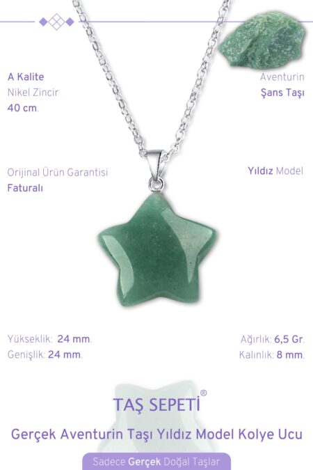 Gerçek Aventurin Doğal Taşı Yıldız Model Zincirli Kolye Ucu