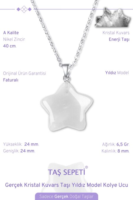 Gerçek Kristal Kuvars Doğal Taşı Yıldız Model Zincirli Kolye Ucu
