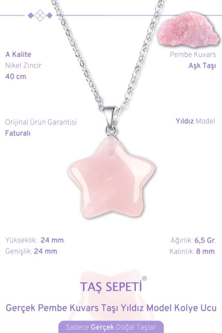 Gerçek Pembe Kuvars Doğal Taşı Yıldız Model Zincirli Kolye Ucu