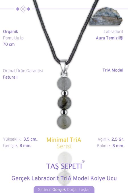 Gerçek Labradorit Doğal Taşı Minimal TriA Model Pamuklu İpli Erkek Kolye