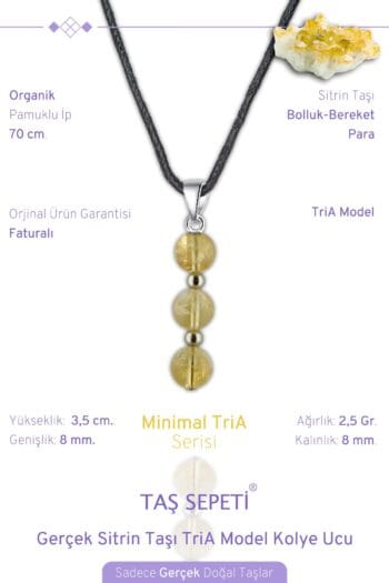 Gerçek Sitrin Doğal Taşı Minimal TriA Model Pamuklu İpli Erkek Kolye