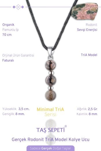 Gerçek Rodonit Doğal Taşı Minimal TriA Model Pamuklu İpli Erkek Kolye