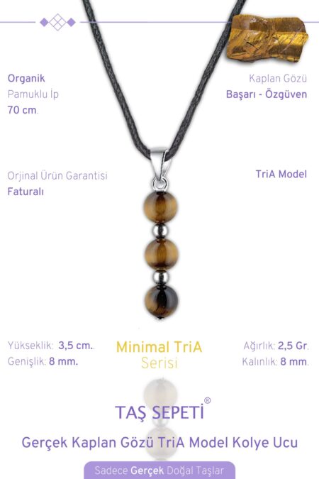 Gerçek Kaplan Gözü Doğal Taşı Minimal TriA Model Pamuklu İpli Erkek Kolye
