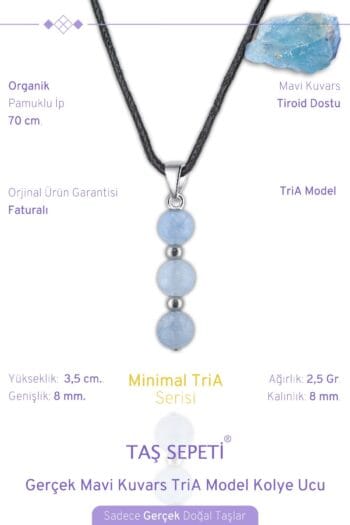Gerçek Mavi Kuvars Doğal Taşı Minimal TriA Model Pamuklu İpli Erkek Kolye