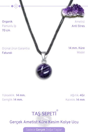 Gerçek Ametist Doğal Taşı Küre Kesim Zincirli Kolye Ucu
