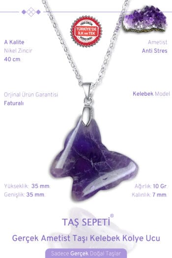 Ametist Doğal Taşı Kelebek Model Zincirli Kolye Ucu