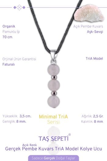 Gerçek Pembe Kuvars Doğal Taşı Minimal TriA Model Pamuklu İpli Erkek Kolye