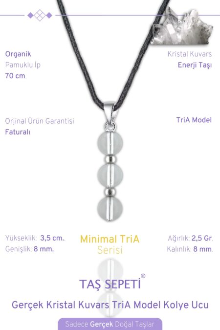 Gerçek Kristal Kuvars Doğal Taşı Minimal TriA Model Pamuklu İpli Erkek Kolye