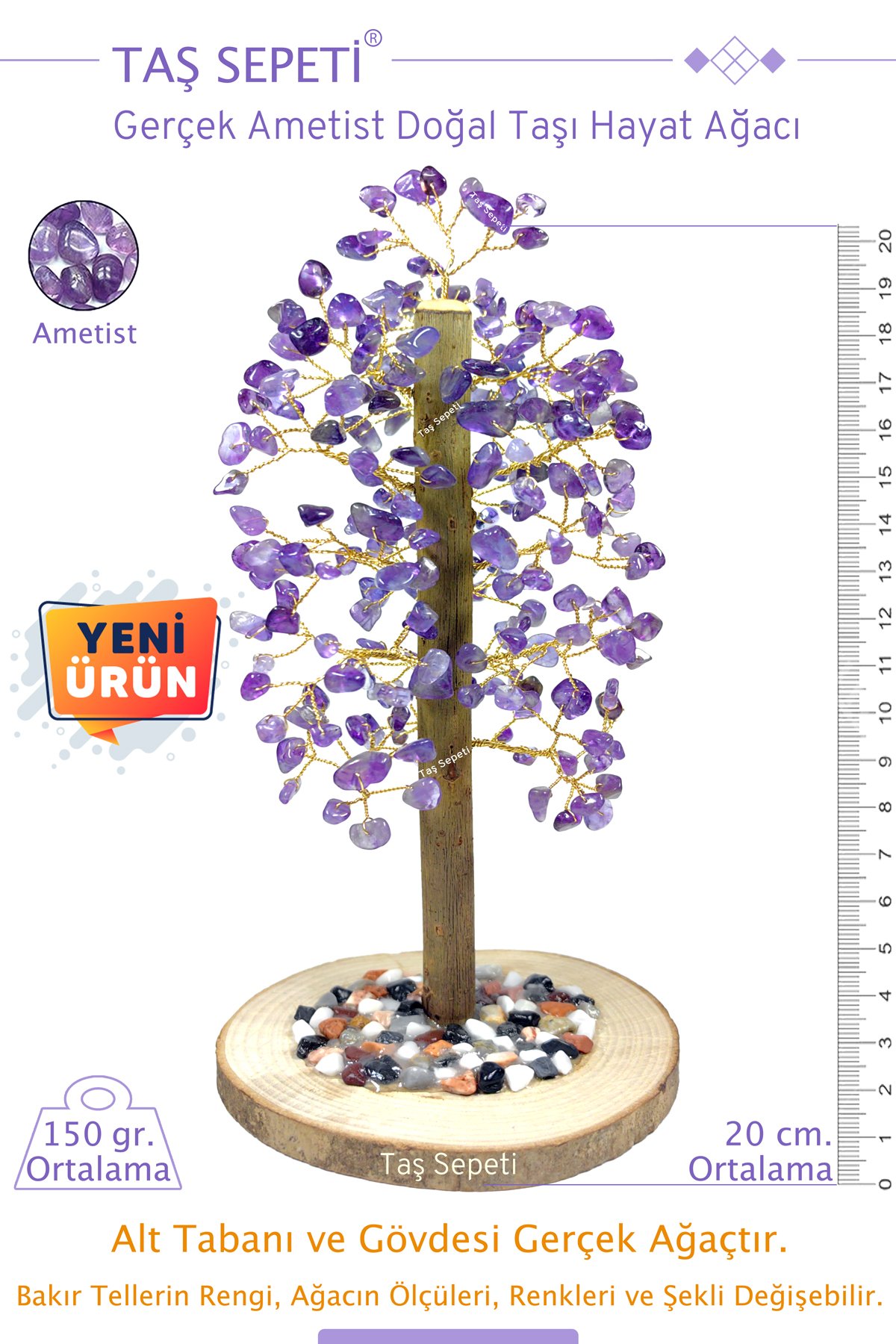 Gerçek Ametist Doğal Taşı Hayat Ağacı Gövdesi Tabanı Gerçek Ağaç 20cm