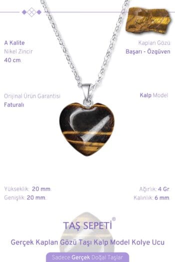 Gerçek Kaplangözü Doğal Taşı Kalp Model Zincirli Kolye Ucu
