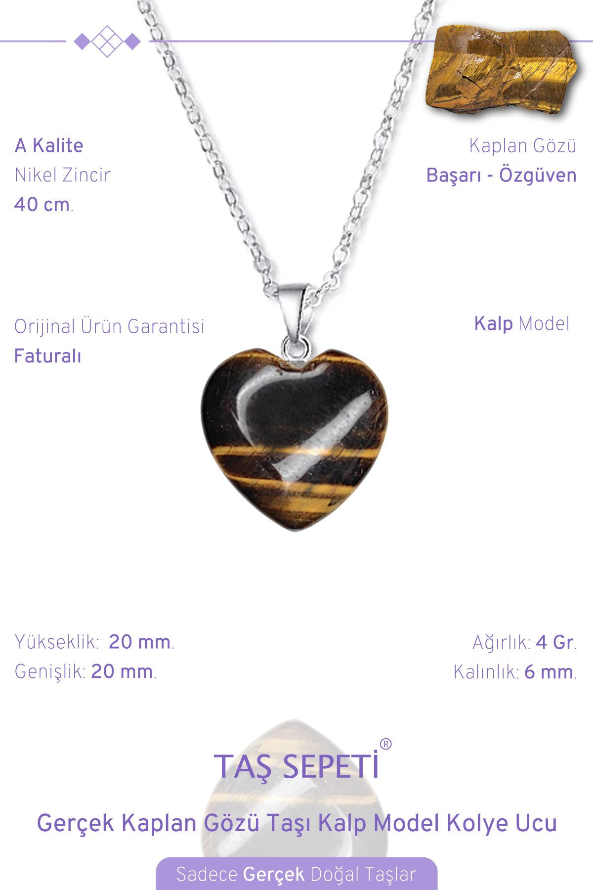 Gerçek Kaplangözü Doğal Taşı Kalp Model Zincirli Kolye Ucu