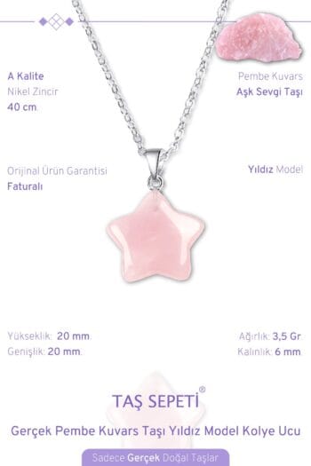 Gerçek Pembe Kuvars Doğal Taşı Yıldız Model Zincirli Kolye Ucu