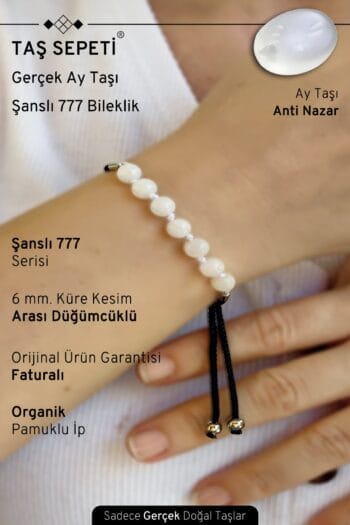 777 Şanslı Serisi Gerçek Aytaşı Doğal Taşı Unisex Ay Taşı Şans Bilekliği