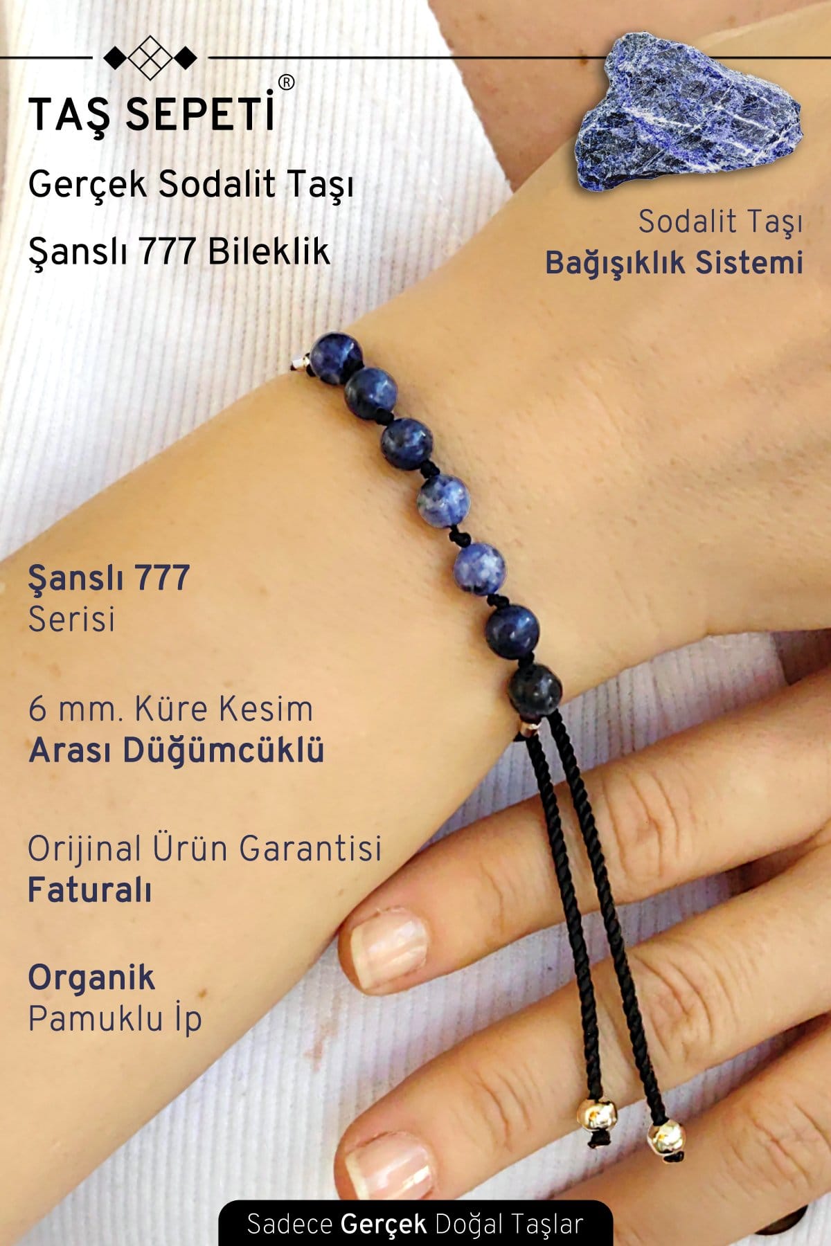 777 Şanslı Serisi Gerçek Sodalit Doğal Taşı Unisex Şans Bilekliği