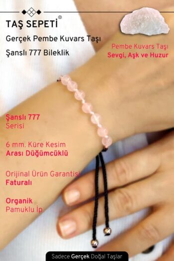 777 Şanslı Serisi Gerçek Pembe Kuvars Doğal Taşı Unisex Şans Bilekliği