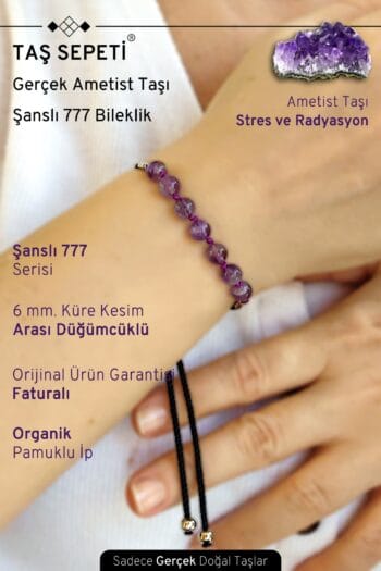 777 Şanslı Serisi Gerçek Ametist Doğal Taşı Unisex Şans Bilekliği