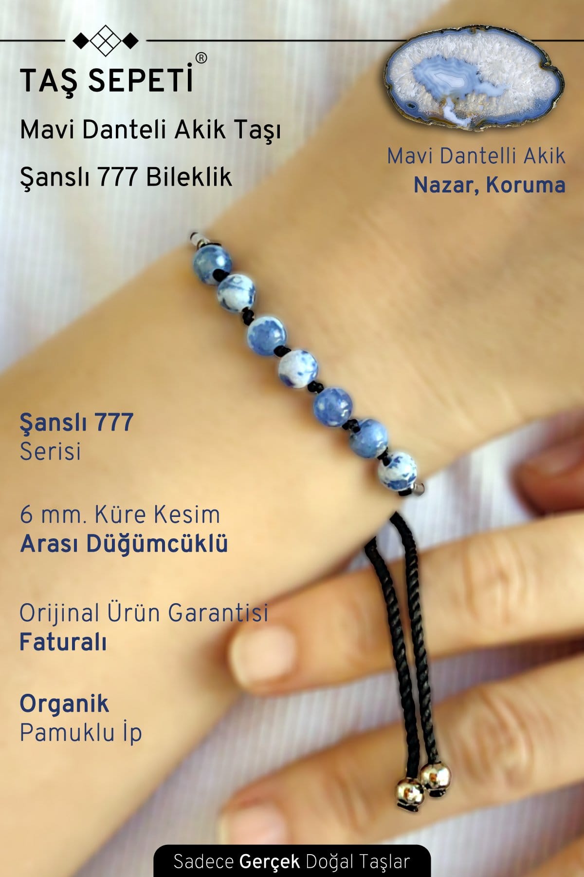 777 Şanslı Serisi Gerçek Mavi Dantelli Akik Doğal Taşı Unisex Şans Bilekliği