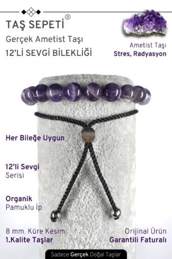 12'li Mutlak Sevgi Serisi Gerçek Ametist Doğal Taşı Unisex Ayarlı Bileklik