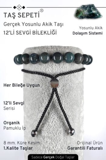 12'li Mutlak Sevgi Serisi Gerçek Yosunlu Akik Taşı Unisex Ayarlı Bileklik