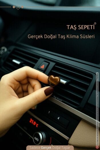Araba Klima Süsü Gerçek Doğal Taş Kaplangözü Kahverengi Kalp Torpido Süs Dekoratif Klipsli Süs