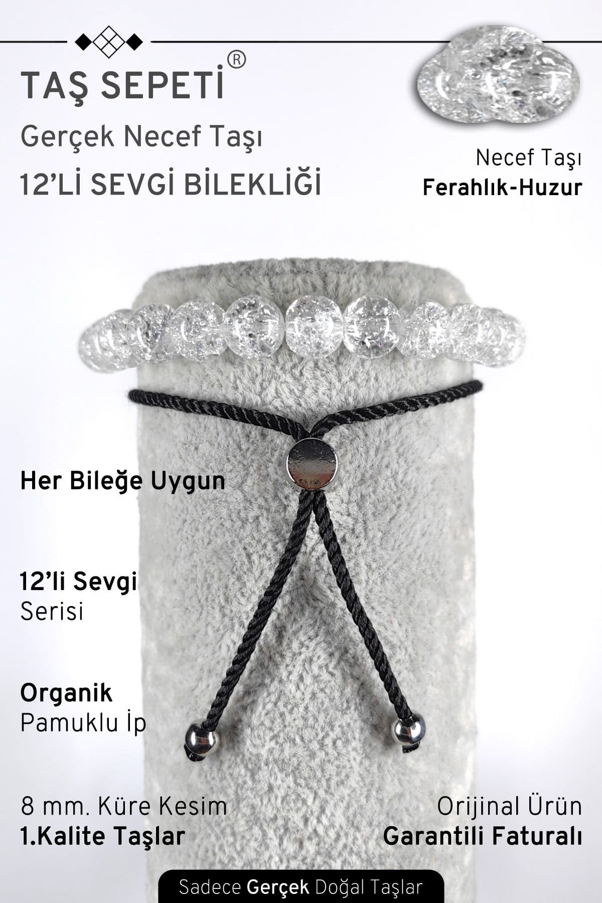 12'li Mutlak Sevgi Serisi Gerçek Necef Doğal Taşı Unisex Ayarlı Bileklik