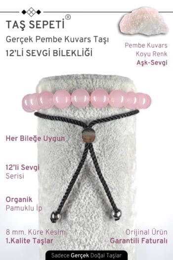 12'li Mutlak Sevgi Serisi Gerçek Koyu Pembe Kuvars Doğal Taşı Unisex Ayarlı Bileklik