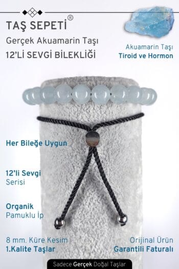 12'li Mutlak Sevgi Serisi Gerçek Akuamarin Doğal Taşı Unisex Ayarlı Bileklik