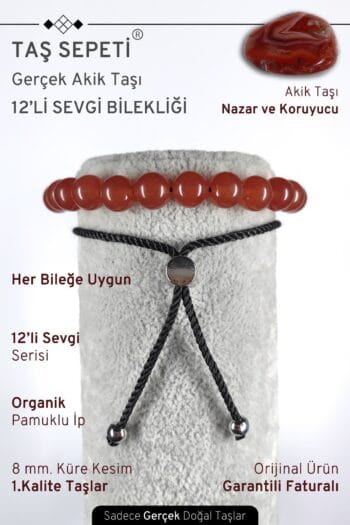 12'li Mutlak Sevgi Serisi Gerçek Akik Doğal Taşı Unisex Ayarlı Bileklik