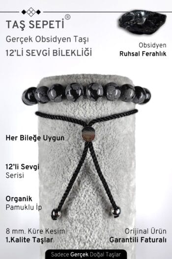 12'li Mutlak Sevgi Serisi Gerçek Obsidyen Doğal Taşı Unisex Ayarlı Bileklik