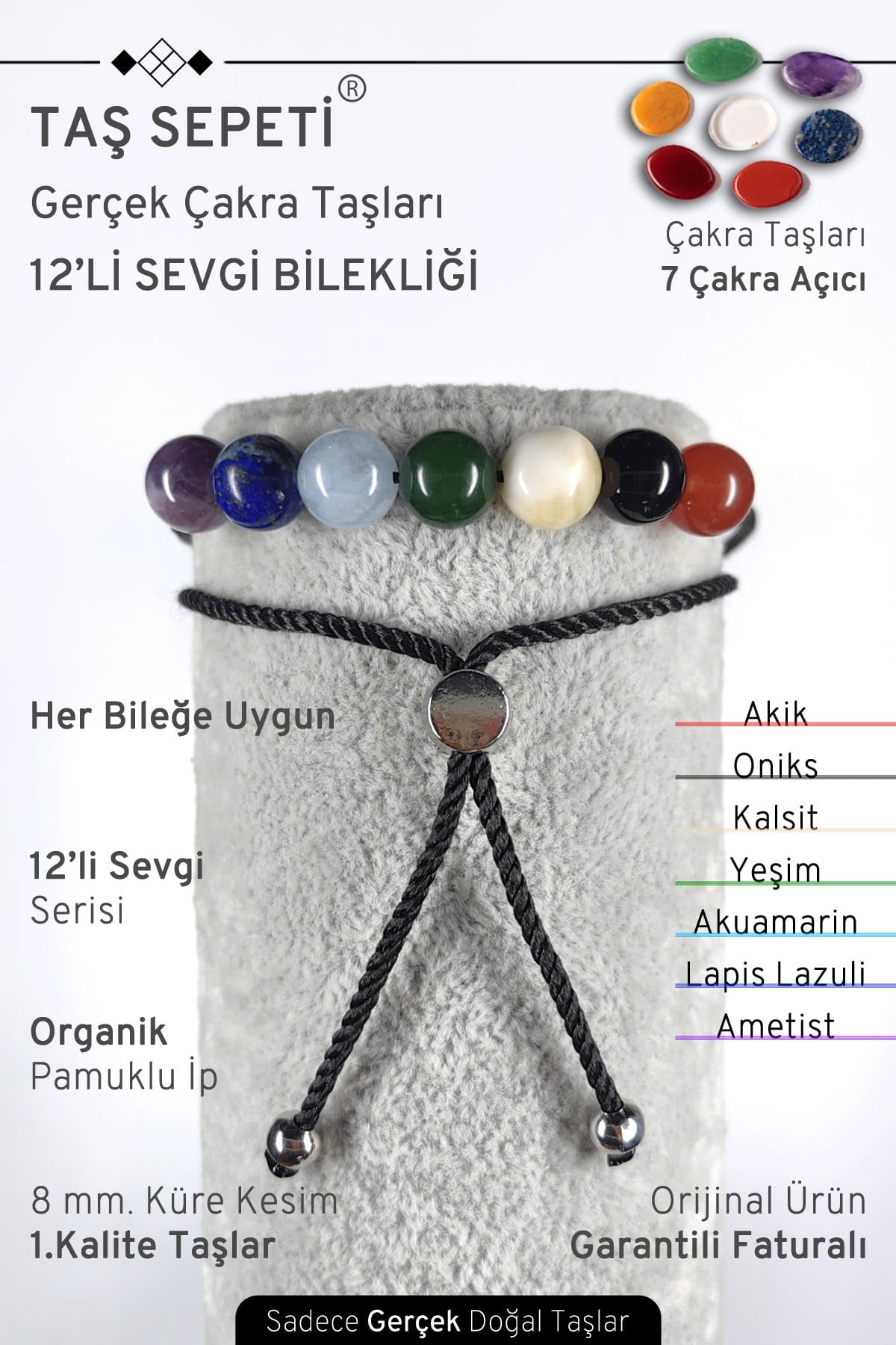 12'li Mutlak Sevgi Serisi Gerçek Çakra Doğal Taşları Unisex Ayarlı Meditasyon Bileklik