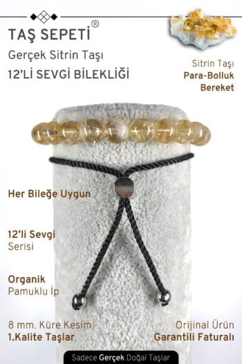 12'li Mutlak Sevgi Serisi Gerçek Sitrin Taşı Unisex Ayarlı Para Bereket Bolluk Bilekliği