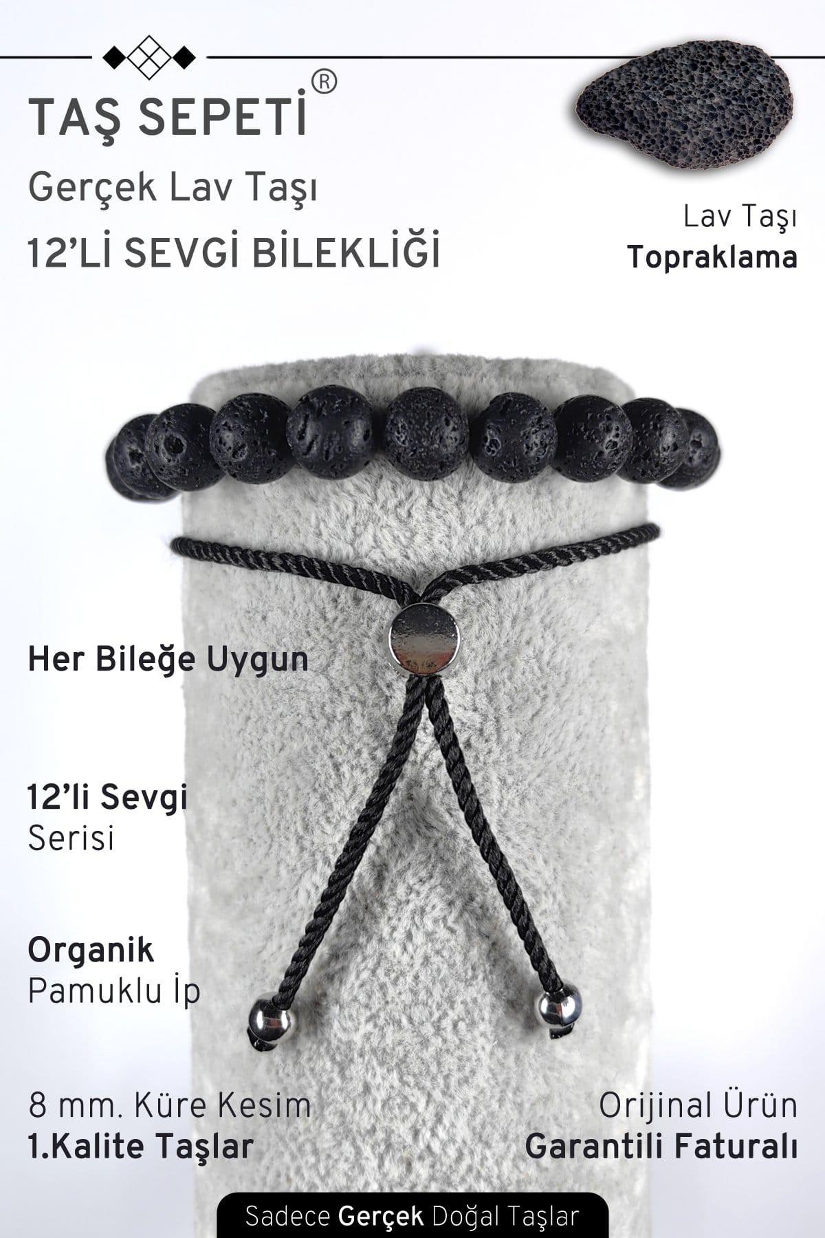 12'li Mutlak Sevgi Serisi Gerçek Lav Taşı Doğal Taşı Unisex Ayarlı Bileklik