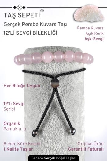 12'li Mutlak Sevgi Serisi Gerçek Pembe Kuvars Doğal Taşı Açık Renk Unisex Ayarlı Bileklik