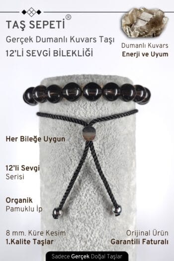 12'li Mutlak Sevgi Serisi Gerçek Dumanlı Kuvars Doğal Taşı Unisex Ayarlı Bileklik