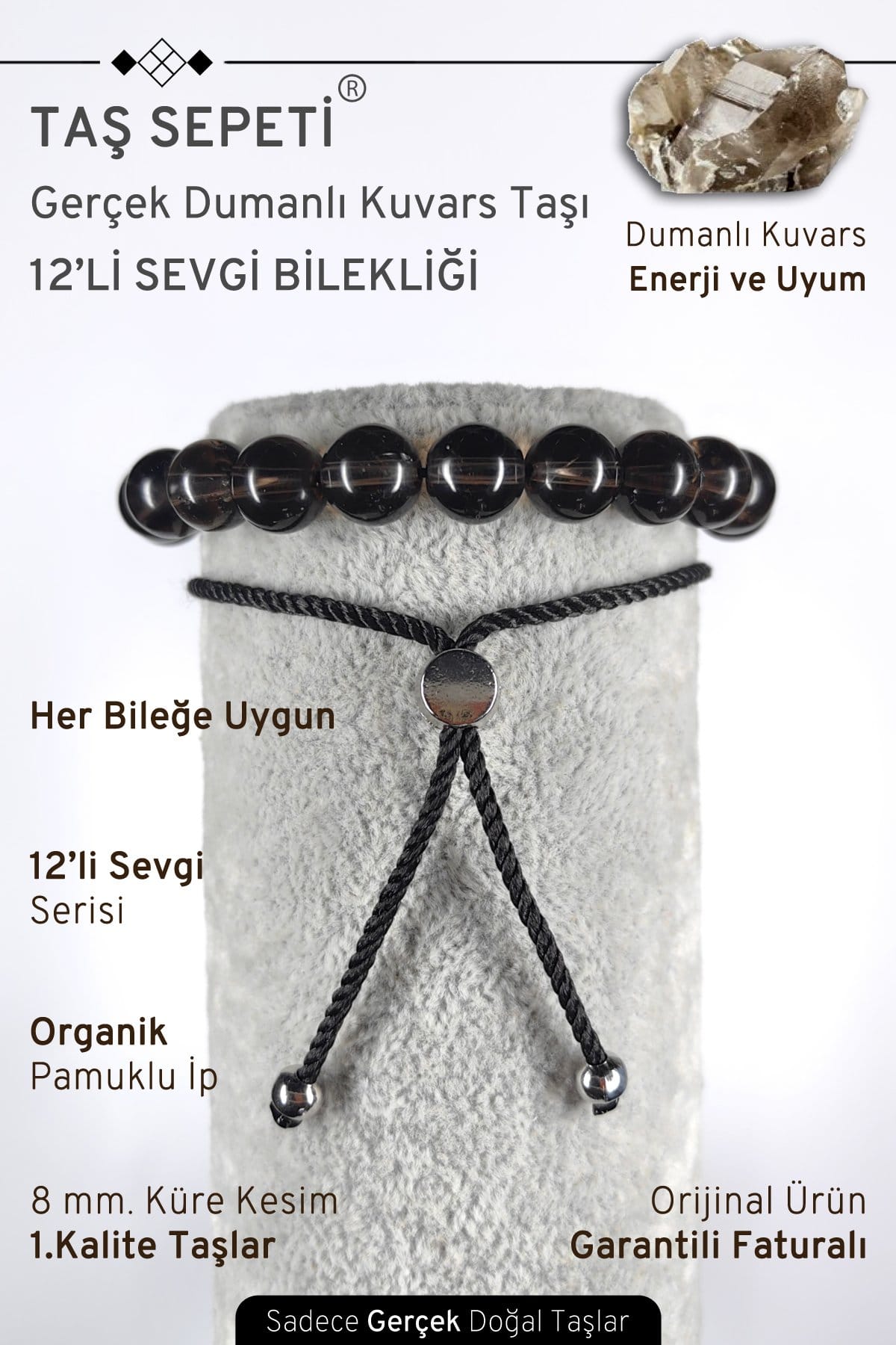 12'li Mutlak Sevgi Serisi Gerçek Dumanlı Kuvars Doğal Taşı Unisex Ayarlı Bileklik