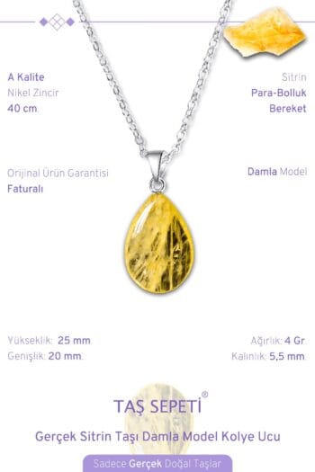Gerçek Sitrin Taşı Damla Model Kolye Ucu Para Bolluk Bereket