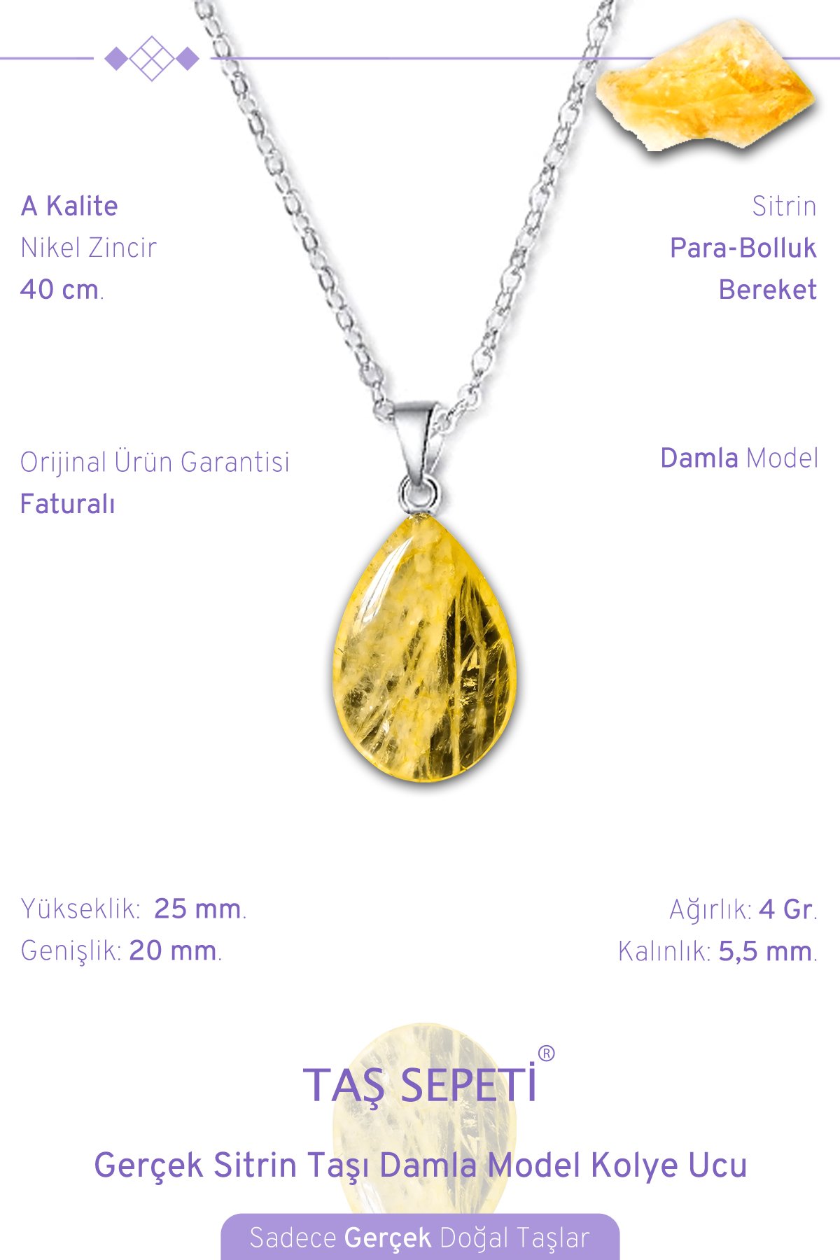 Gerçek Sitrin Taşı Damla Model Kolye Ucu Para Bolluk Bereket