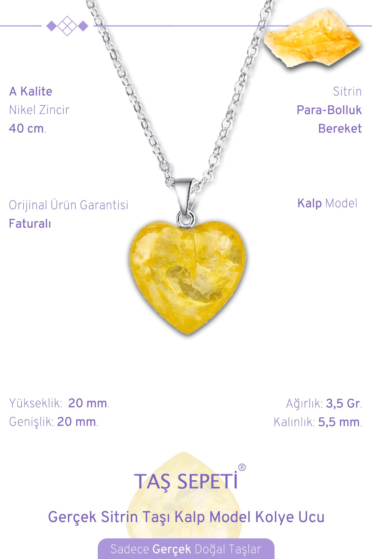 Gerçek Sitrin Taşı Kalp Model Kolye Ucu Para Bolluk Bereket
